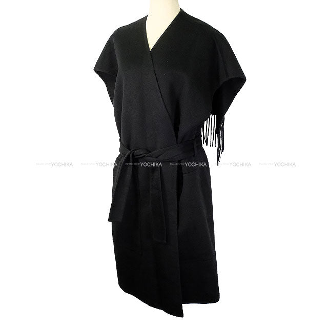 HERMES Vests Long Gillet vest with fringe belt Noir (Black) Cashmere100% #38[EXCELLENT][Authentic]