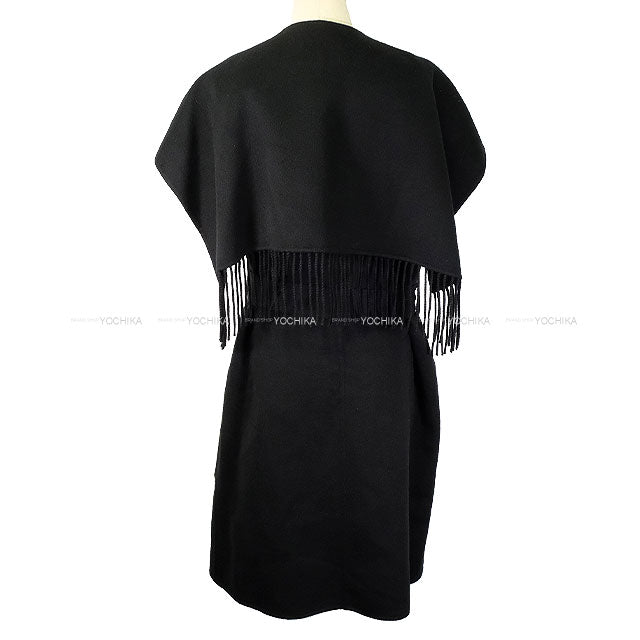 HERMES Vests Long Gillet vest with fringe belt Noir (Black) Cashmere100% #38[EXCELLENT][Authentic]
