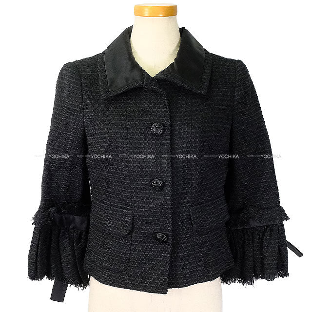 2009 CHANEL Tailored jacket Tweed jacket with Coco mark and sleeve ribbon Noir (Black) 34 P34951[EXCELLENT][Authentic]