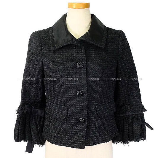 2009 CHANEL Tailored jacket Tweed jacket with Coco mark and sleeve ribbon Noir (Black) 34 P34951[EXCELLENT][Authentic]