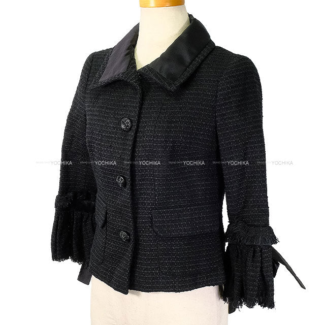 2009 CHANEL Tailored jacket Tweed jacket with Coco mark and sleeve ribbon Noir (Black) 34 P34951[EXCELLENT][Authentic]