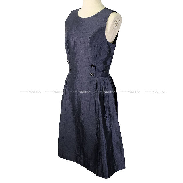 [Pre-loved] 2008 CHANEL One‐piece dress Coco mark Handshake Button Navy Linen/Silk #36 P32788[LIKE NEW][Authentic]