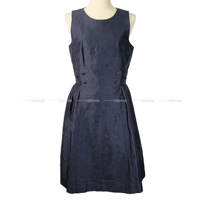[Pre-loved] 2008 CHANEL One‐piece dress Coco mark Handshake Button Navy Linen/Silk #36 P32788[LIKE NEW][Authentic]