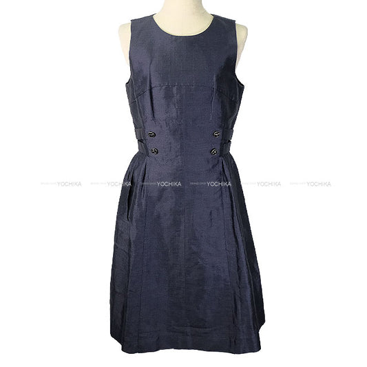 [Pre-loved] 2008 CHANEL One‐piece dress Coco mark Handshake Button Navy Linen/Silk #36 P32788[LIKE NEW][Authentic]