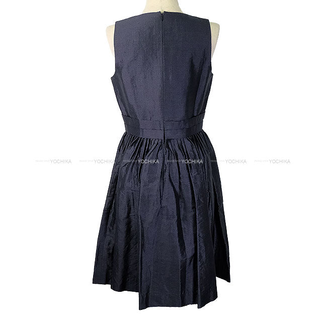 [Pre-loved] 2008 CHANEL One‐piece dress Coco mark Handshake Button Navy Linen/Silk #36 P32788[LIKE NEW][Authentic]