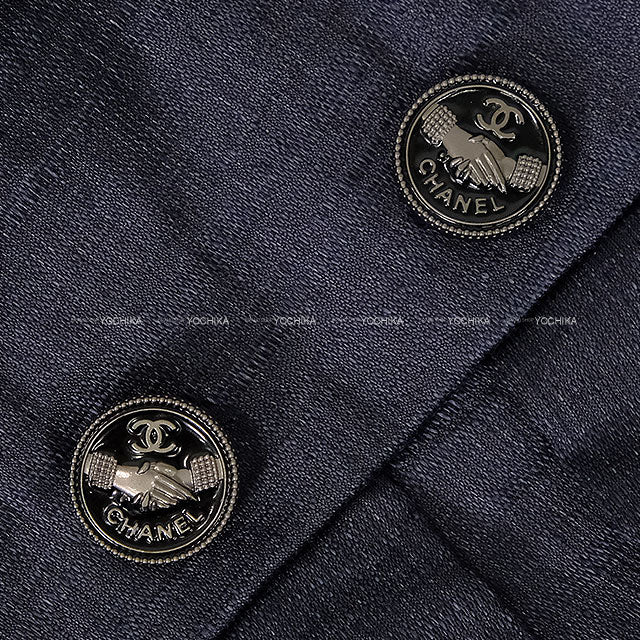 [Pre-loved] 2008 CHANEL One‐piece dress Coco mark Handshake Button Navy Linen/Silk #36 P32788[LIKE NEW][Authentic]