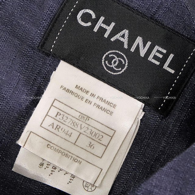 [Pre-loved] 2008 CHANEL One‐piece dress Coco mark Handshake Button Navy Linen/Silk #36 P32788[LIKE NEW][Authentic]