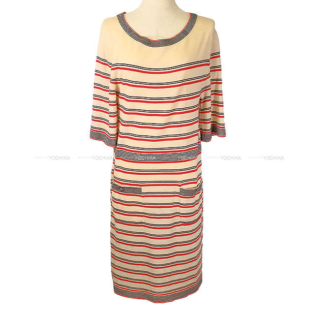 CHANEL One‐piece dress COCO Mark Border Pocket Knit Ivory/Navy/Red Wool/Cotton/Cashmere #38 P45686[EXCELLENT][Authentic]