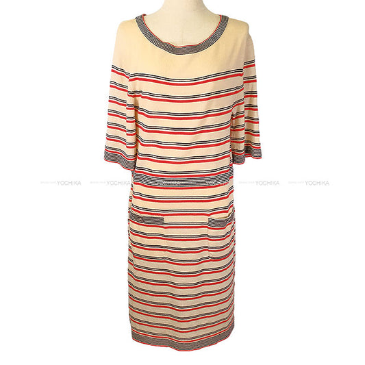 CHANEL One‐piece dress COCO Mark Border Pocket Knit Ivory/Navy/Red Wool/Cotton/Cashmere #38 P45686[EXCELLENT][Authentic]
