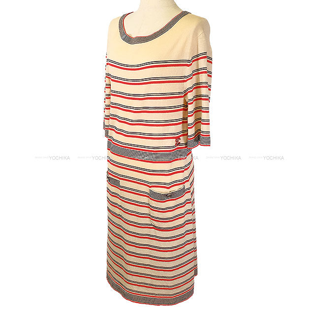 CHANEL One‐piece dress COCO Mark Border Pocket Knit Ivory/Navy/Red Wool/Cotton/Cashmere #38 P45686[EXCELLENT][Authentic]