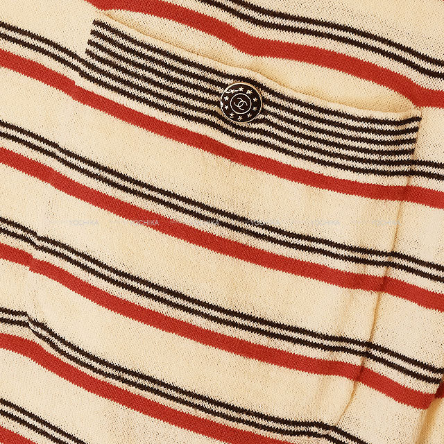 CHANEL One‐piece dress COCO Mark Border Pocket Knit Ivory/Navy/Red Wool/Cotton/Cashmere #38 P45686[EXCELLENT][Authentic]