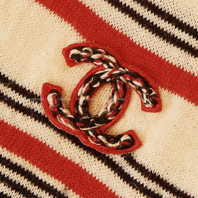 CHANEL One‐piece dress COCO Mark Border Pocket Knit Ivory/Navy/Red Wool/Cotton/Cashmere #38 P45686[EXCELLENT][Authentic]