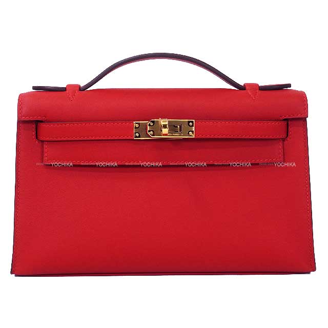 HERMES Handbag Pochette Kelly Rouge Radieux Veau Swift Gold HW Stamp K[BRAND NEW][Authentic]