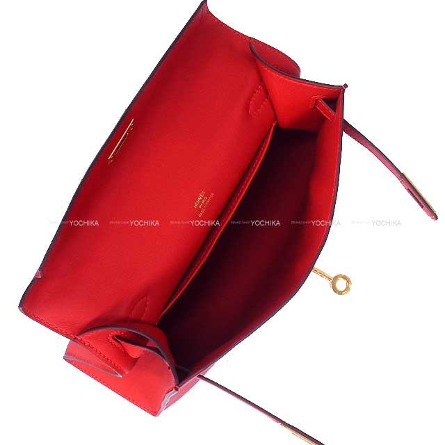 HERMES Handbag Pochette Kelly Rouge Radieux Veau Swift Gold HW Stamp K[BRAND NEW][Authentic]