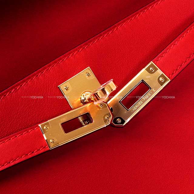 HERMES Handbag Pochette Kelly Rouge Radieux Veau Swift Gold HW Stamp K[BRAND NEW][Authentic]