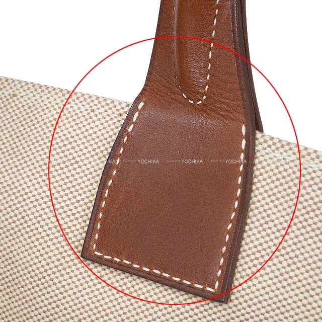 HERMES tote bag Steeple 31 Large Ecru/Fauve Toile H/Veau Barenia/Straw Stamp □O[EXCELLENT][Authentic]