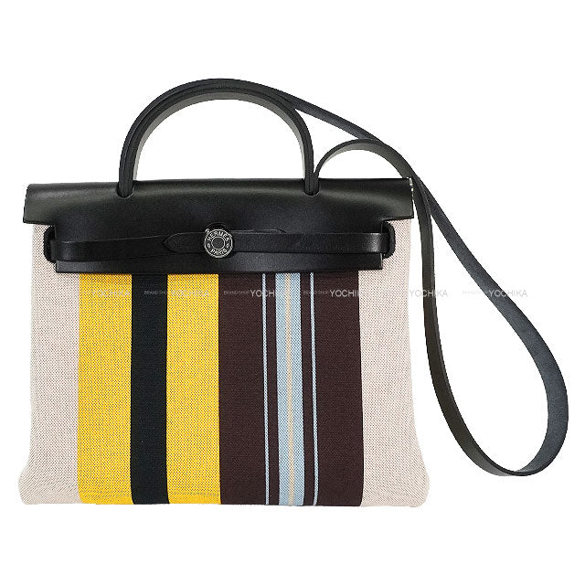 HERMES Shoulder bag HerBag Zip 31 PM Rayures d'Equipage Noir (Black) /Ecru/Beige/Jaune/Bordeaux Toile H Plume/Vache Hunter Silver HW Stamp W[ALMOST NEW][Authentic]