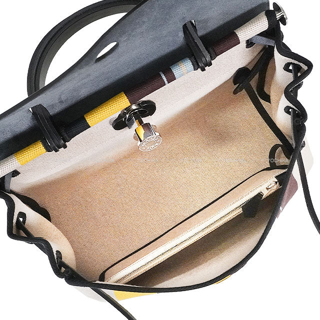 HERMES Shoulder bag HerBag Zip 31 PM Rayures d'Equipage Noir (Black) /Ecru/Beige/Jaune/Bordeaux Toile H Plume/Vache Hunter Silver HW Stamp W[ALMOST NEW][Authentic]