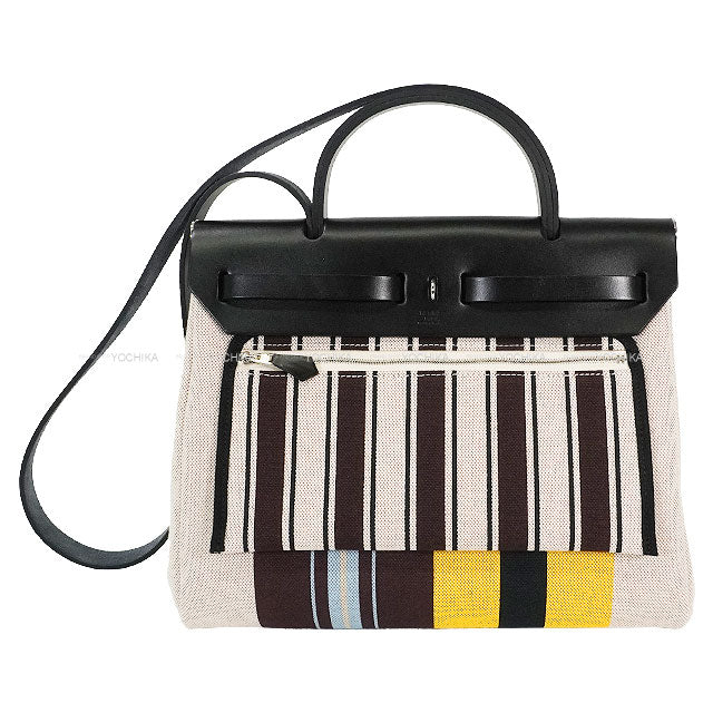 HERMES Shoulder bag HerBag Zip 31 PM Rayures d'Equipage Noir (Black) /Ecru/Beige/Jaune/Bordeaux Toile H Plume/Vache Hunter Silver HW Stamp W[ALMOST NEW][Authentic]