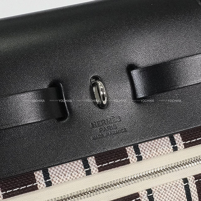HERMES Shoulder bag HerBag Zip 31 PM Rayures d'Equipage Noir (Black) /Ecru/Beige/Jaune/Bordeaux Toile H Plume/Vache Hunter Silver HW Stamp W[ALMOST NEW][Authentic]