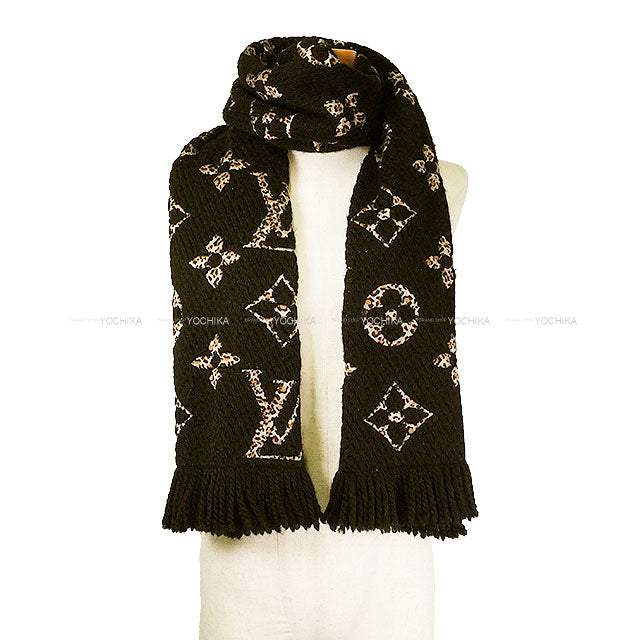 [Pre-loved] LOUIS VUITTON muffler Echarpe Animal Leopard Brown/Noir (Black) Wool/Silk M75885[USED SA][Authentic]