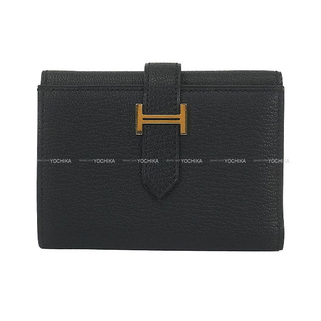 [Pre-loved] HERMES Tri-fold wallet Bearn Combine Noir (Black) Chevre Mysore Gold HW Stamp W[LIKE NEW][Authentic]