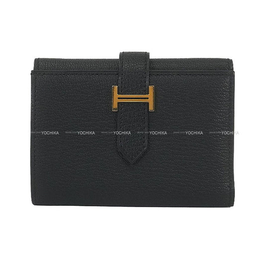 [Pre-loved] HERMES Tri-fold wallet Bearn Combine Noir (Black) Chevre Mysore Gold HW Stamp W[LIKE NEW][Authentic]