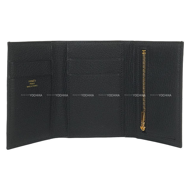 [Pre-loved] HERMES Tri-fold wallet Bearn Combine Noir (Black) Chevre Mysore Gold HW Stamp W[LIKE NEW][Authentic]