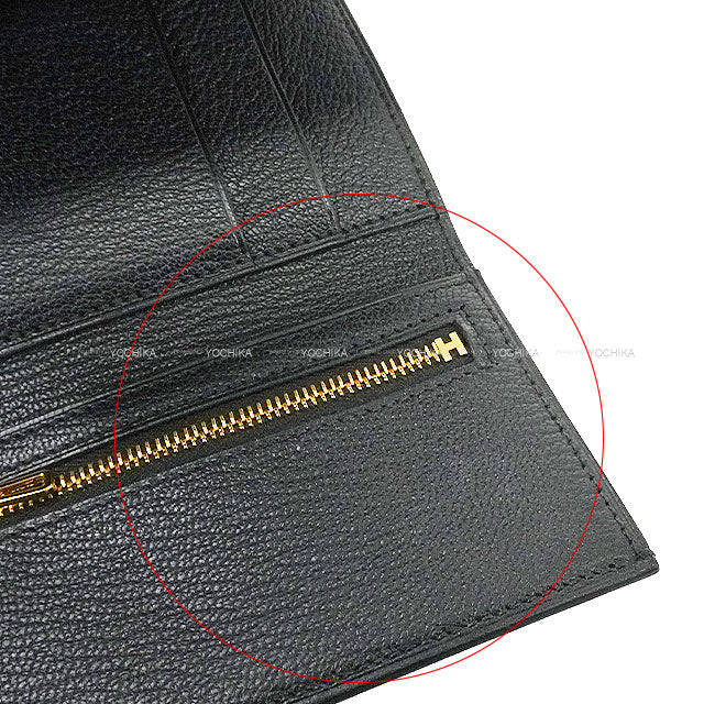 [Pre-loved] HERMES Tri-fold wallet Bearn Combine Noir (Black) Chevre Mysore Gold HW Stamp W[LIKE NEW][Authentic]