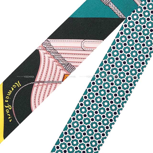 2018AW HERMES scarf Twilly CLIC CLAC MODERN CANNAGE Vert/Marine/Vieux Rose Silk100%[EXCELLENT][Authentic]
