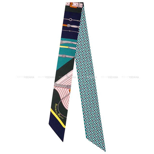 2018AW HERMES scarf Twilly CLIC CLAC MODERN CANNAGE Vert/Marine/Vieux Rose Silk100%[EXCELLENT][Authentic]