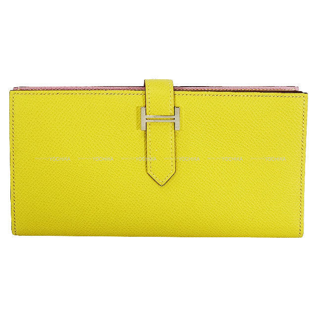 HERMES long wallet Bearn Soufflet Verso Lime/Mauve sylvestre Veau Epsom Silver HW Stamp D[EXCELLENT][Authentic]