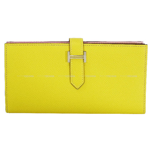 HERMES long wallet Bearn Soufflet Verso Lime/Mauve sylvestre Veau Epsom Silver HW Stamp D[EXCELLENT][Authentic]