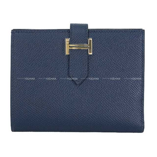 HERMES Bi-fold wallet Bearn Compact Blue Navy Veau Epsom Gold HW Stamp K[BRAND NEW][Authentic]