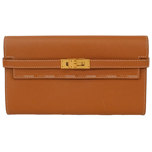 [Pre-loved] HERMES long wallet Kelly Wallet Long Classic Gold Veau Epsom Gold HW Stamp Y[USED A][Authentic]
