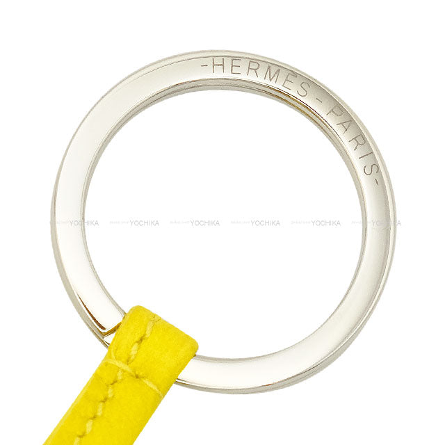 HERMES key ring Carmen Tricolor Lime/Craie/Chai Agneau Milo Silver HW Stamp U[EXCELLENT][Authentic]