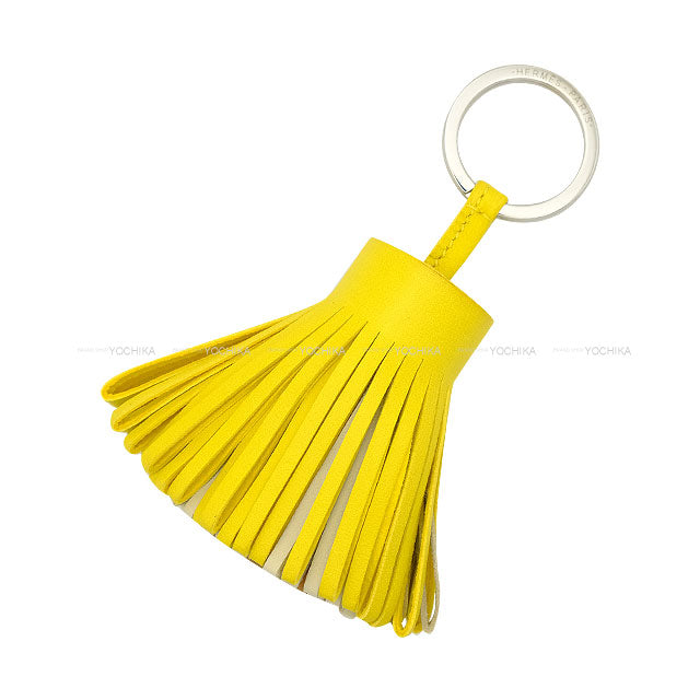HERMES key ring Carmen Tricolor Lime/Craie/Chai Agneau Milo Silver HW Stamp U[EXCELLENT][Authentic]