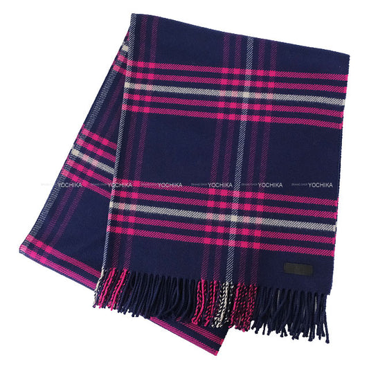 [Pre-loved] HERMES Stall Large stole Fringed check scarf Navy/Magenta/White Cashmere[LIKE NEW][Authentic]