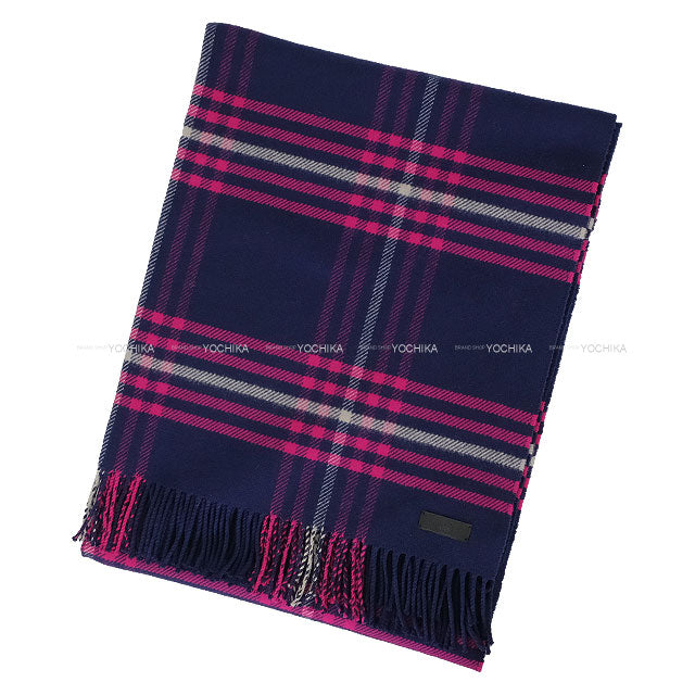 [Pre-loved] HERMES Stall Large stole Fringed check scarf Navy/Magenta/White Cashmere[LIKE NEW][Authentic]