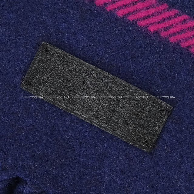 [Pre-loved] HERMES Stall Large stole Fringed check scarf Navy/Magenta/White Cashmere[LIKE NEW][Authentic]