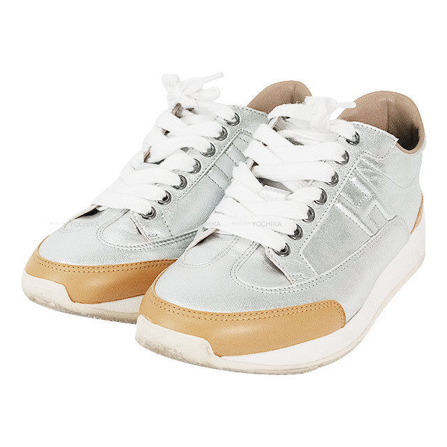 [Pre-loved] HERMES sneakers Quicker Quick Low Cut MetallicSilver/Beige #36[USED A][Authentic]