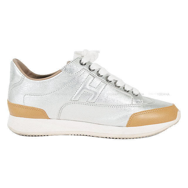 [Pre-loved] HERMES sneakers Quicker Quick Low Cut MetallicSilver/Beige #36[USED A][Authentic]