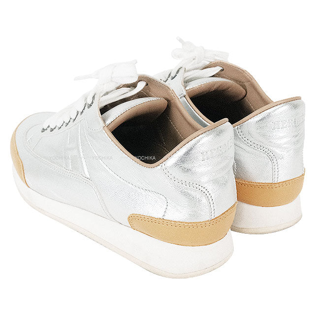 [Pre-loved] HERMES sneakers Quicker Quick Low Cut MetallicSilver/Beige #36[USED A][Authentic]