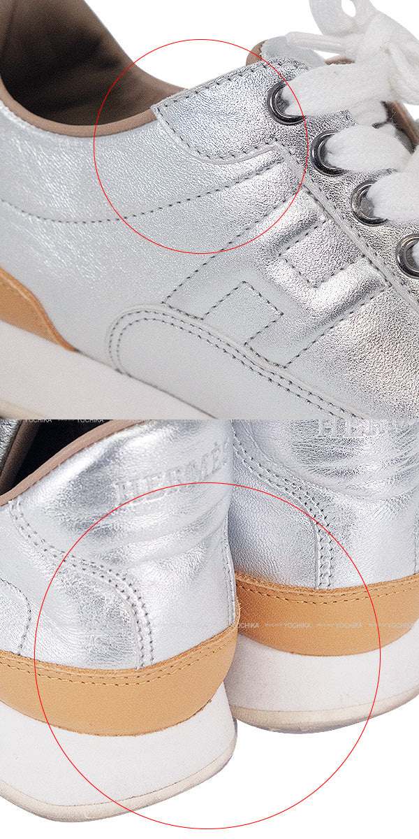 [Pre-loved] HERMES sneakers Quicker Quick Low Cut MetallicSilver/Beige #36[USED A][Authentic]