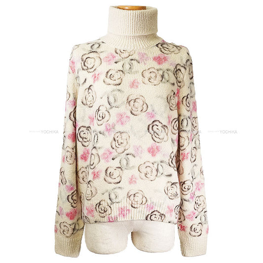 2024COCO NEIGE CHANEL Sweater Pullover Turtleneck Camellia Coco Mark Flower White/Pink/Green/Black Cashmere/Silk #42 P77375[EXCELLENT][Authentic]