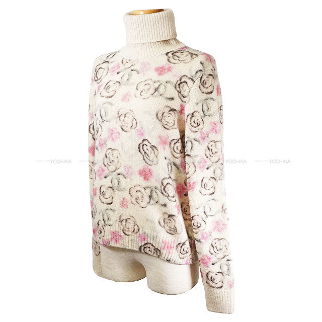 2024COCO NEIGE CHANEL Sweater Pullover Turtleneck Camellia Coco Mark Flower White/Pink/Green/Black Cashmere/Silk #42 P77375[EXCELLENT][Authentic]