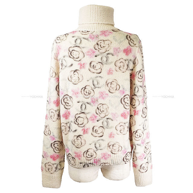 2024COCO NEIGE CHANEL Sweater Pullover Turtleneck Camellia Coco Mark Flower White/Pink/Green/Black Cashmere/Silk #42 P77375[EXCELLENT][Authentic]