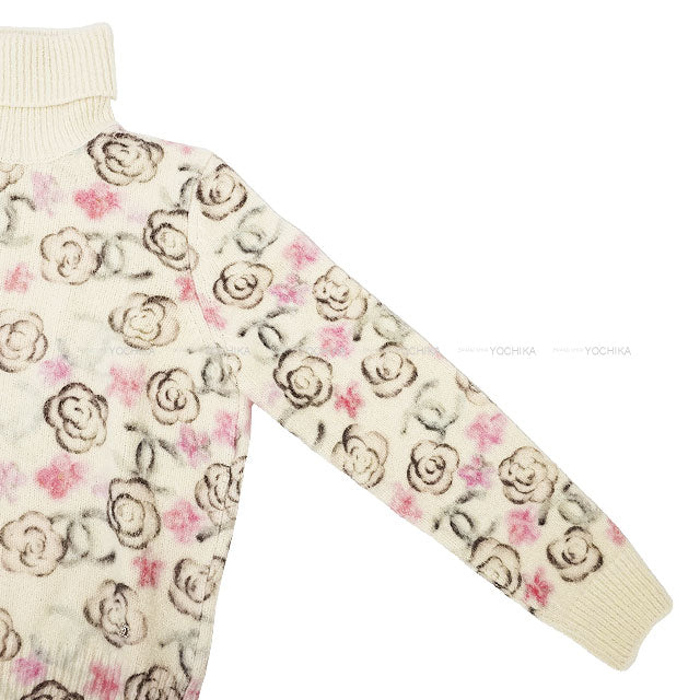 2024COCO NEIGE CHANEL Sweater Pullover Turtleneck Camellia Coco Mark Flower White/Pink/Green/Black Cashmere/Silk #42 P77375[EXCELLENT][Authentic]