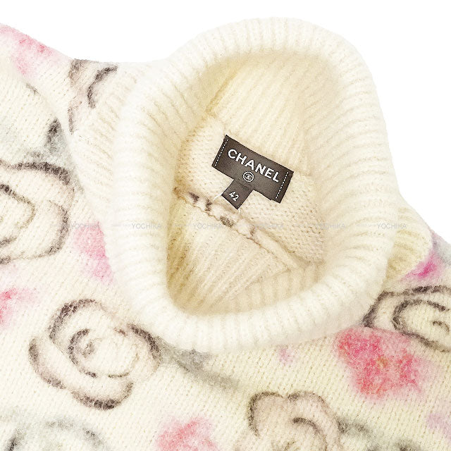 2024COCO NEIGE CHANEL Sweater Pullover Turtleneck Camellia Coco Mark Flower White/Pink/Green/Black Cashmere/Silk #42 P77375[EXCELLENT][Authentic]