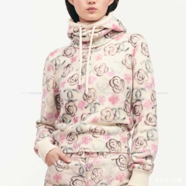 2024COCO NEIGE CHANEL Sweater Pullover Turtleneck Camellia Coco Mark Flower White/Pink/Green/Black Cashmere/Silk #42 P77375[EXCELLENT][Authentic]